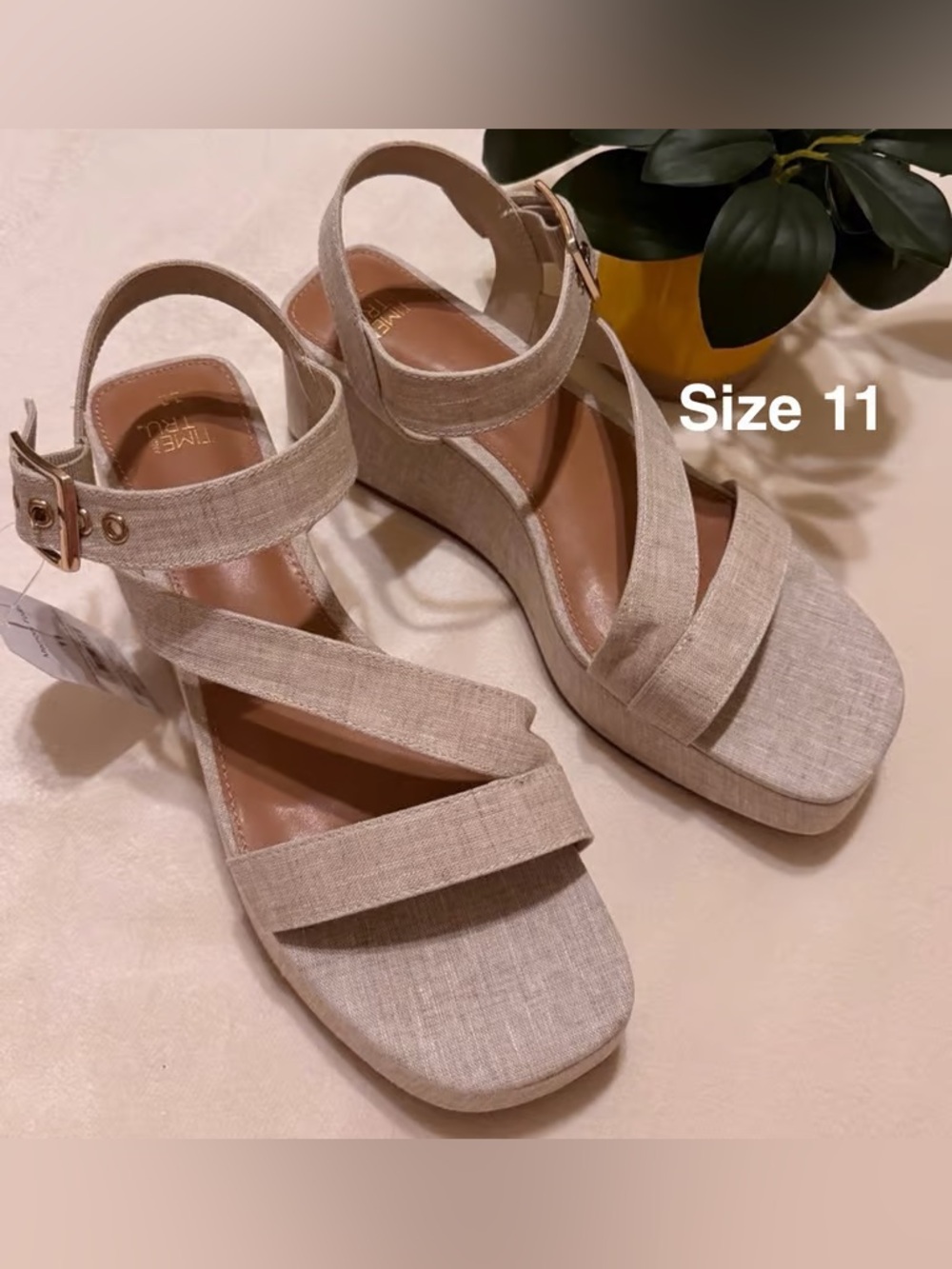 Time and Tru Beige Linen-Look Wedge Sandals